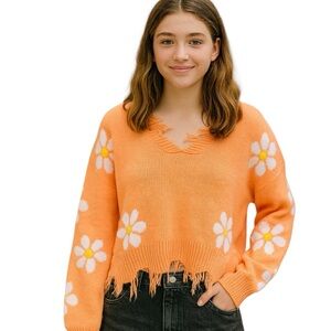 Just Polly Vibrant Orange Daisy Flower Cropped Sweater w/ Fringe
